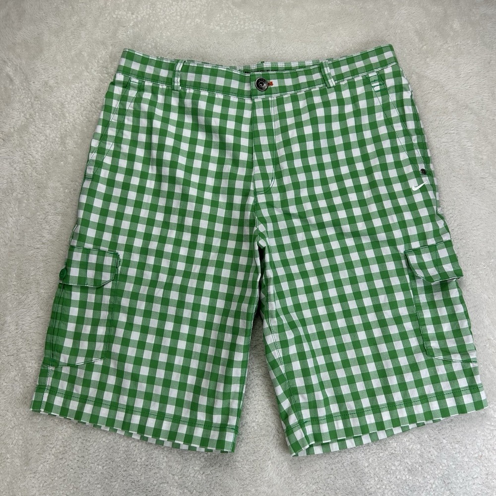 Nike Golf Sport Dri-Fit Green Check Flat Front Cargo Shorts 34 Cotton/Polyester